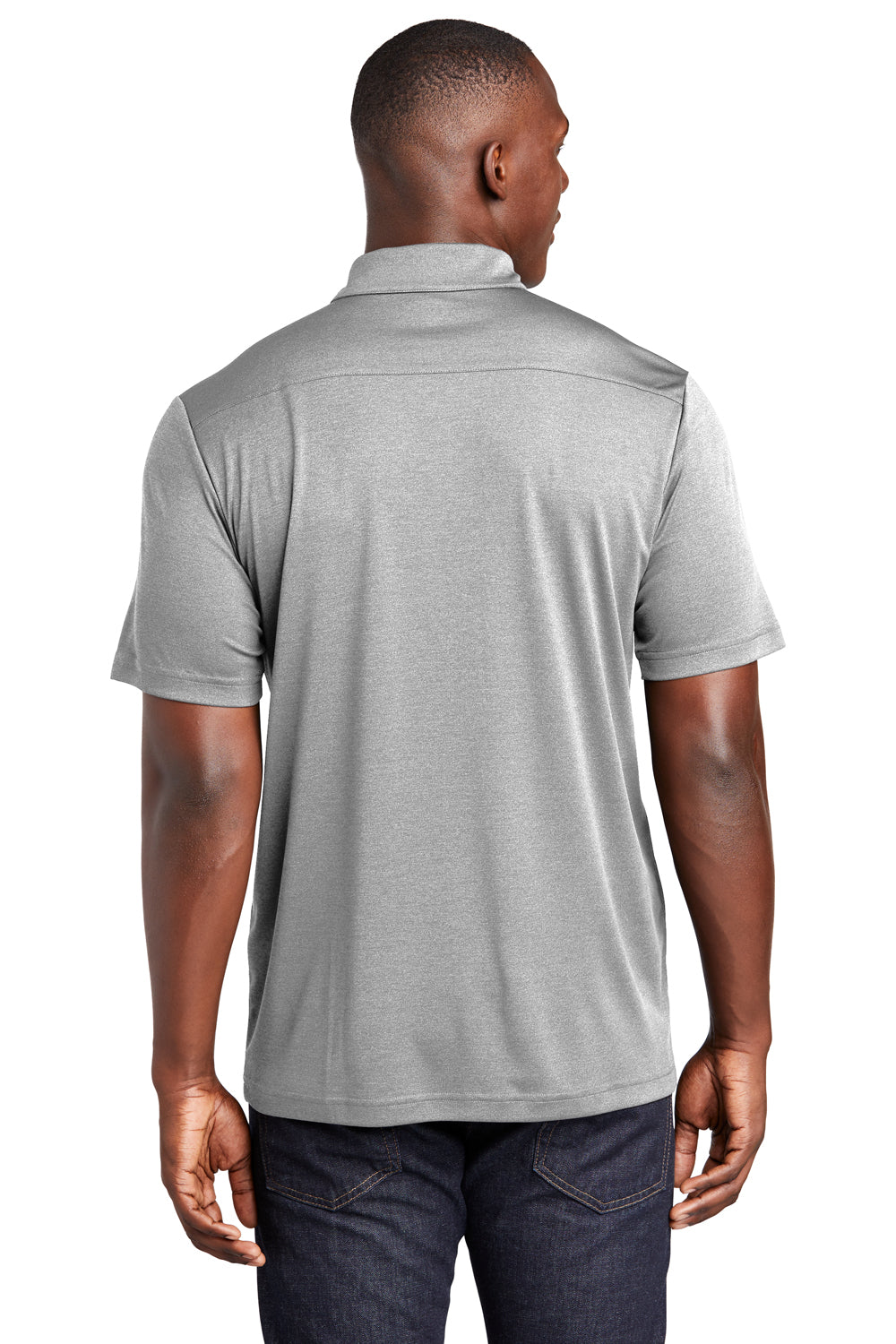 Sport-Tek ST467 Mens Endeavor Moisture Wicking Short Sleeve Polo Shirt Heather Light Grey Model Back