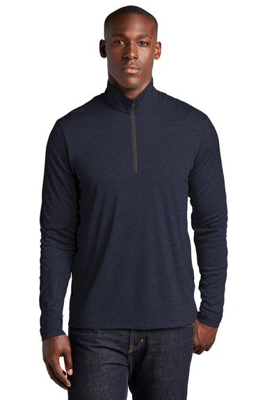 Sport-Tek ST469 Mens Endeavor Moisture Wicking 1/4 Zip Sweatshirt Heather Deep Navy Blue Model Front