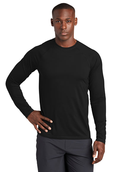 Sport-Tek ST470LS Mens Rashguard Moisture Wicking Long Sleeve Crewneck T-Shirt Black Model Front