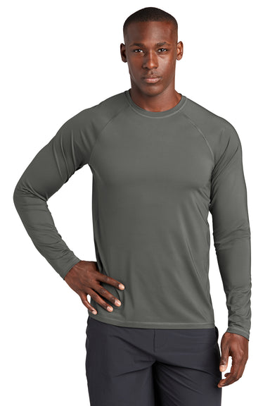 Sport-Tek ST470LS Mens Rashguard Moisture Wicking Long Sleeve Crewneck T-Shirt Dark Smoke Grey Model Front