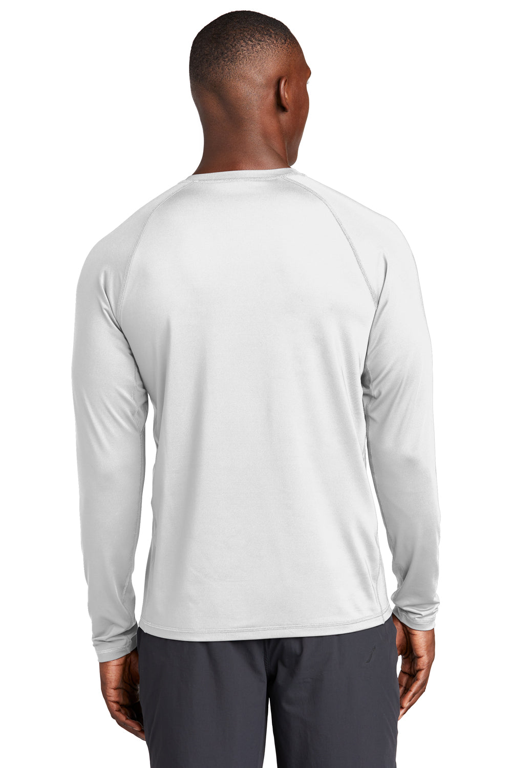 Sport-Tek ST470LS Mens Rashguard Moisture Wicking Long Sleeve Crewneck T-Shirt White Model Back