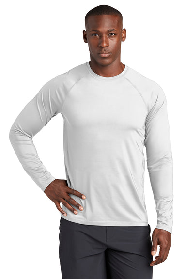 Sport-Tek ST470LS Mens Rashguard Moisture Wicking Long Sleeve Crewneck T-Shirt White Model Front