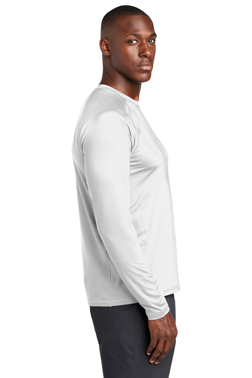 Sport-Tek ST470LS Mens Rashguard Moisture Wicking Long Sleeve Crewneck T-Shirt White Model Side