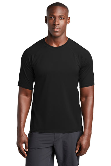 Sport-Tek ST470 Mens Rashguard Moisture Wicking Short Sleeve Crewneck T-Shirt Black Model Front