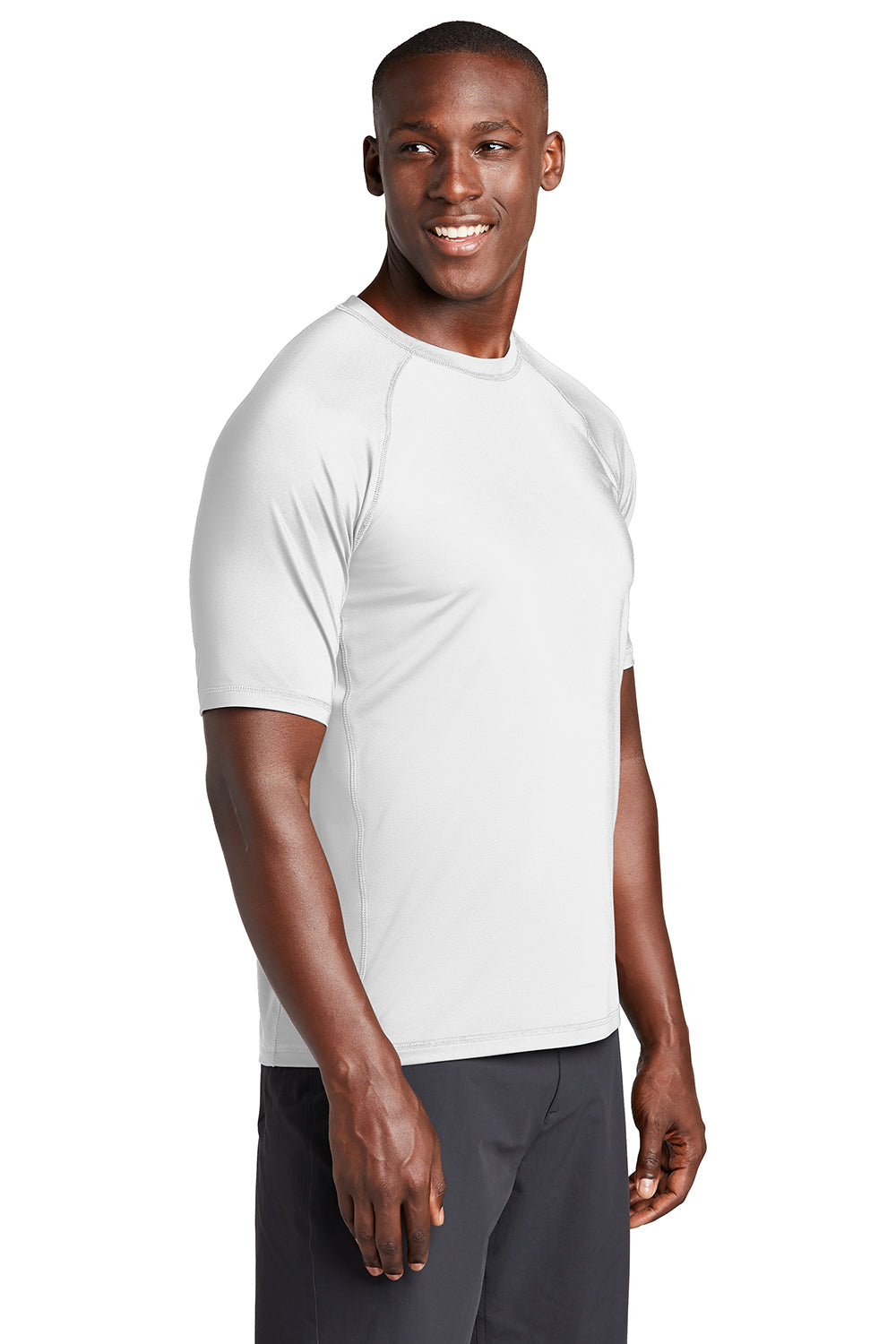 Sport-Tek ST470 Mens Rashguard Moisture Wicking Short Sleeve Crewneck T-Shirt White Model 3q