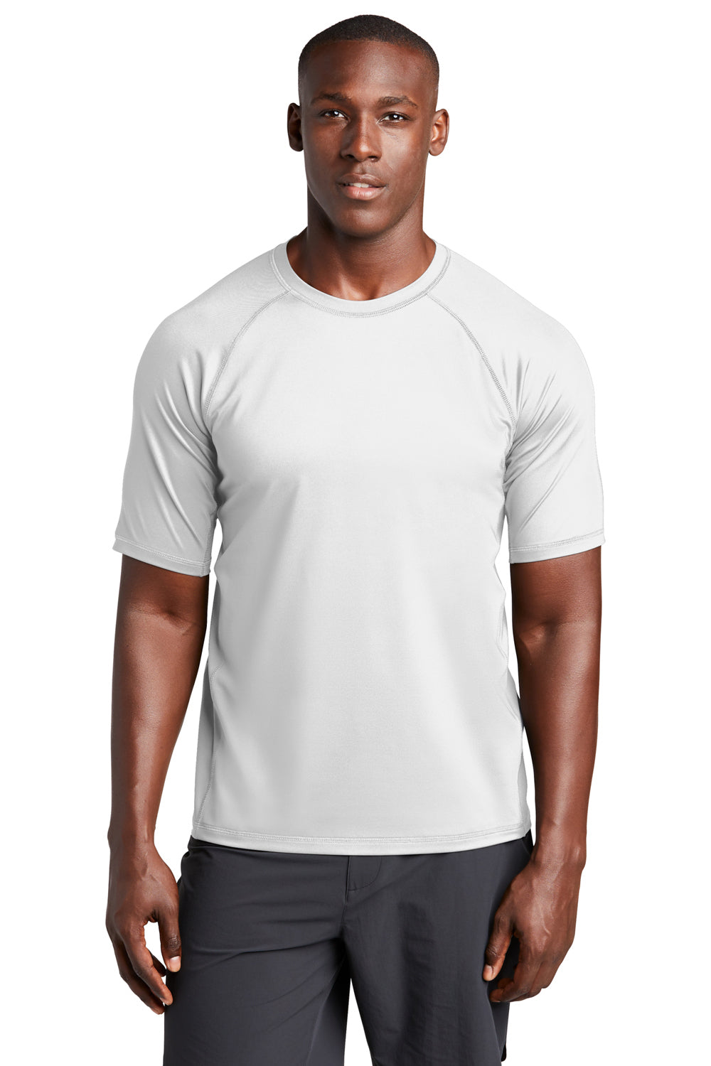 Sport-Tek ST470 Mens Rashguard Moisture Wicking Short Sleeve Crewneck T-Shirt White Model Front