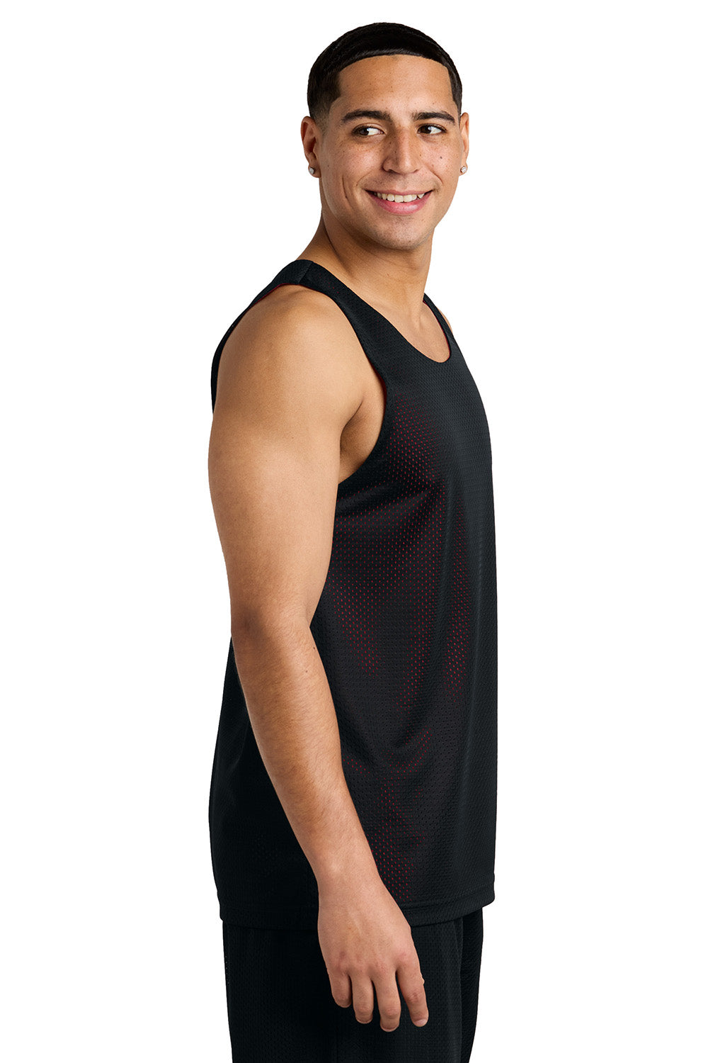 Sport-Tek ST5000 Mens PosiCharge Reversible Mesh Tank Top Black/Deep Red Model Side