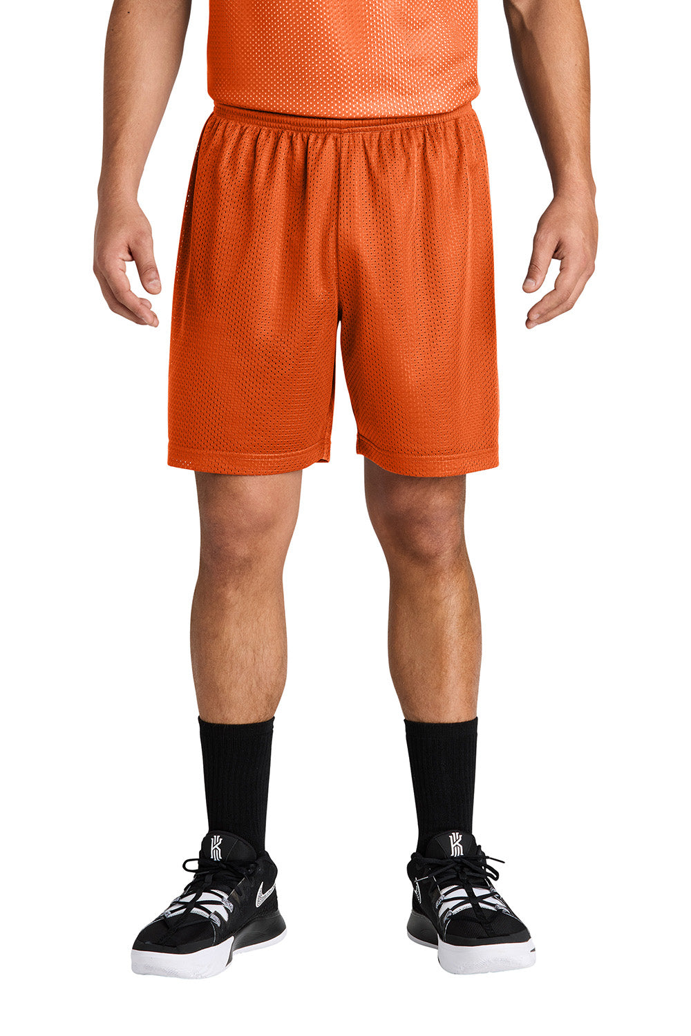 Sport-Tek ST5100 Mens PosiCharge Mesh Athletic Shorts Deep Orange Model Front