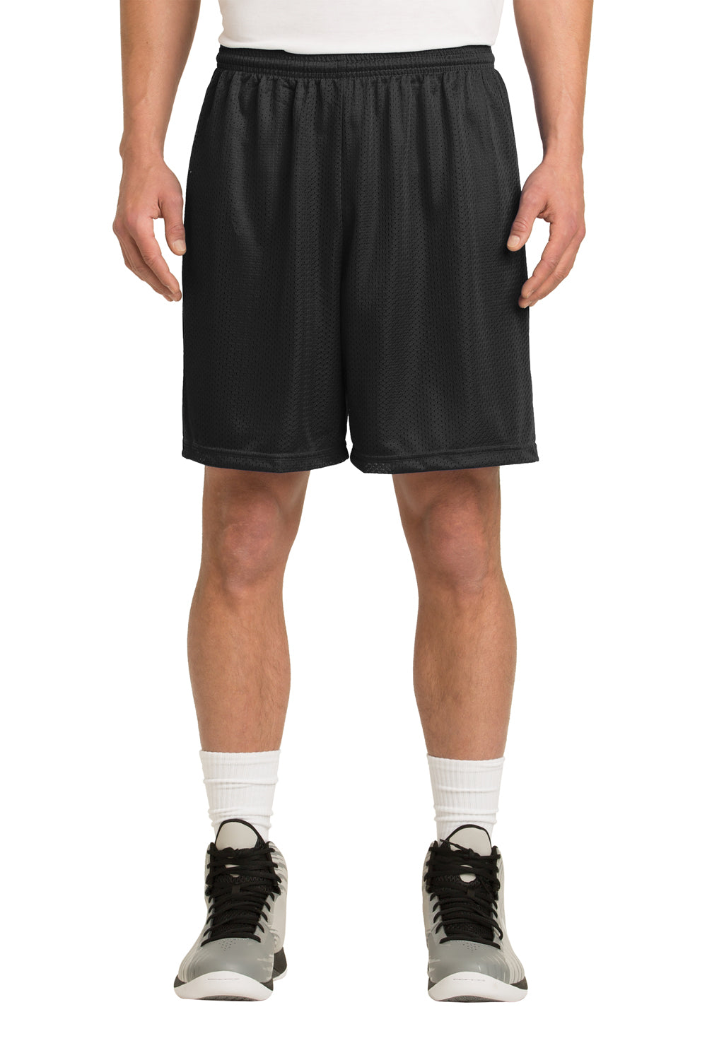 Sport-Tek ST510 Mens Moisture Wicking Classic Mesh Shorts Black Model Front