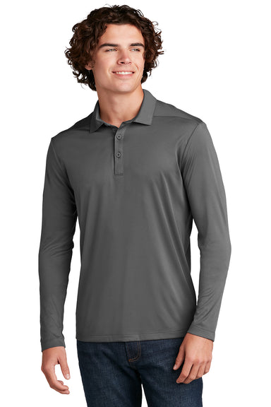 Sport-Tek ST520LS Mens Moisture Wicking Long Sleeve Polo Shirt Dark Smoke Grey Model Front