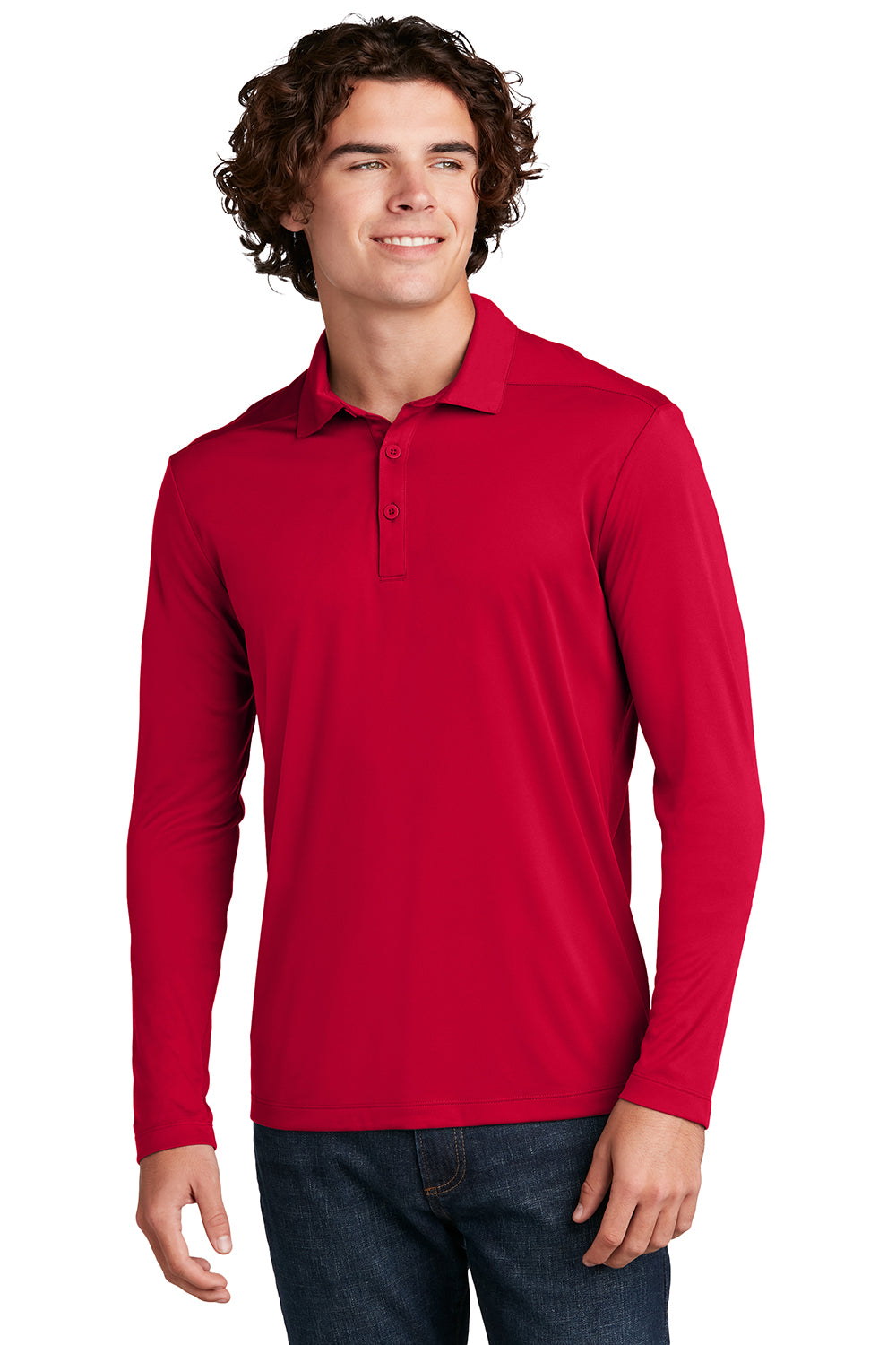 Sport-Tek ST520LS Mens Moisture Wicking Long Sleeve Polo Shirt True Red Model Front