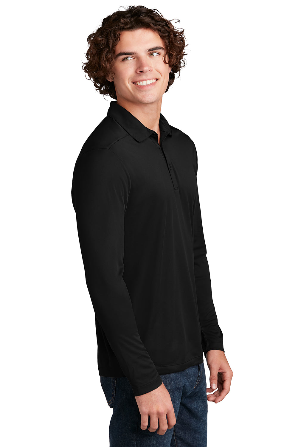 Sport-Tek ST520LS Mens Moisture Wicking Long Sleeve Polo Shirt Black Model Side