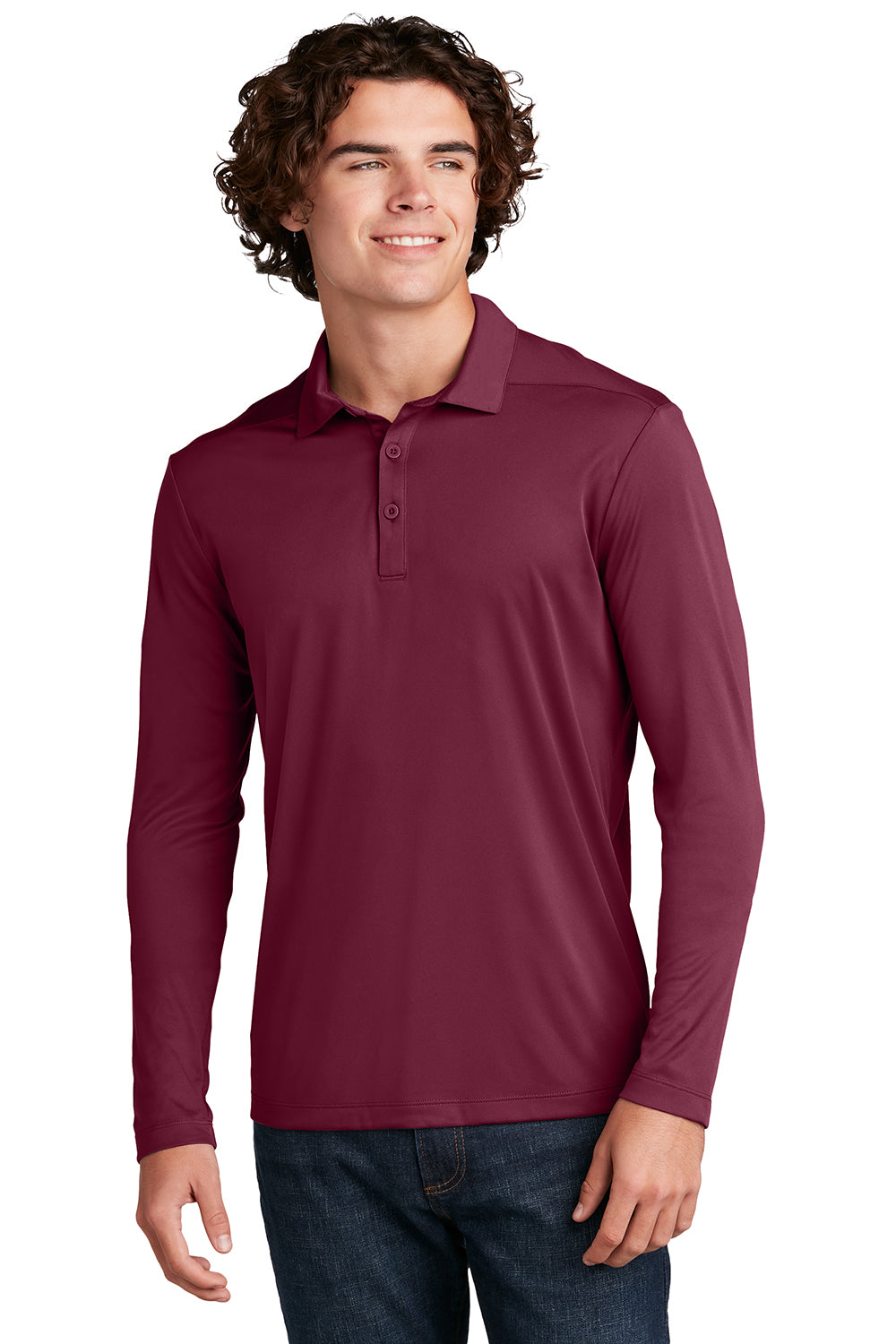 Sport-Tek ST520LS Mens Moisture Wicking Long Sleeve Polo Shirt Cardinal Red Model Front