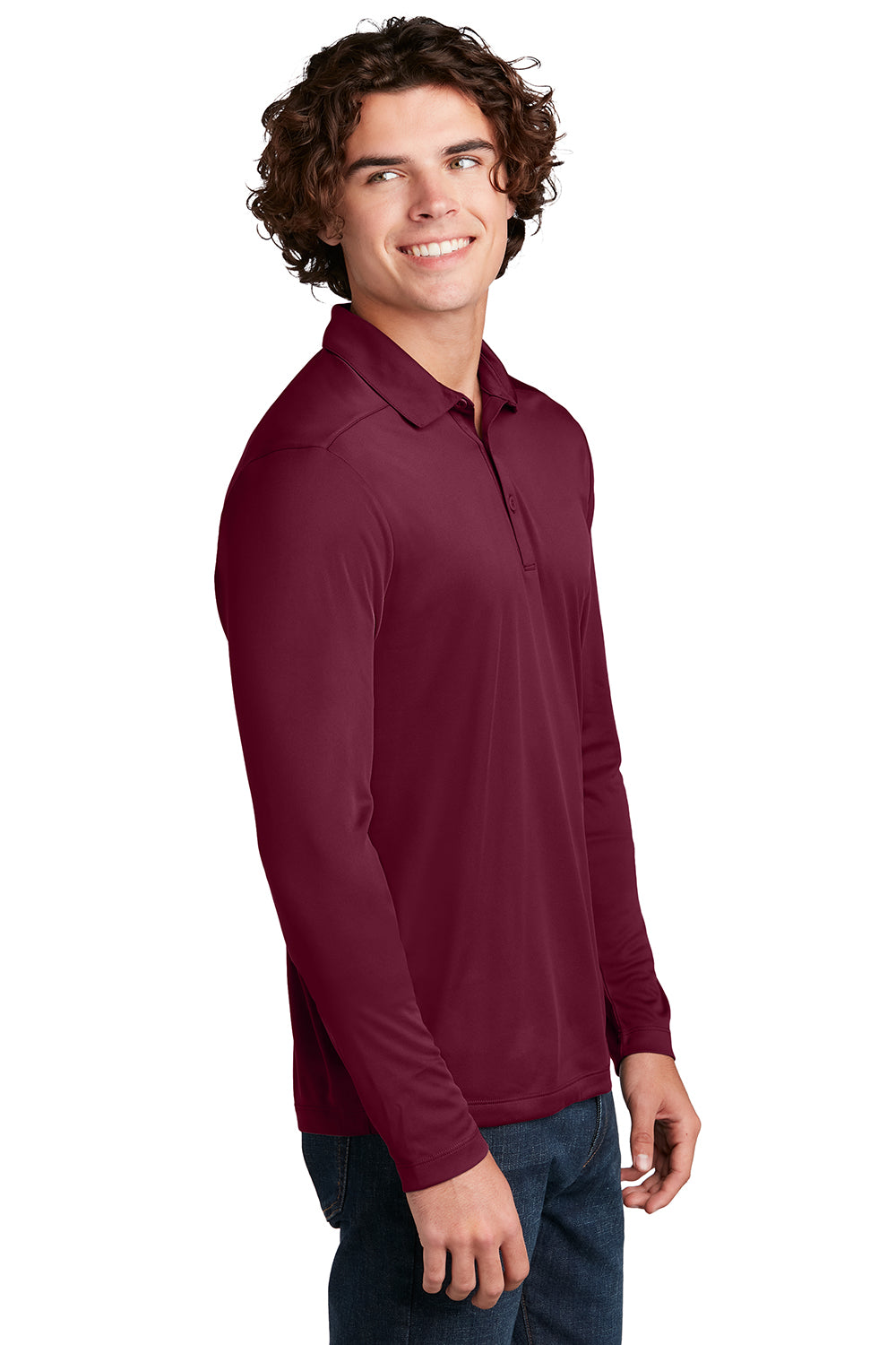 Sport-Tek ST520LS Mens Moisture Wicking Long Sleeve Polo Shirt Cardinal Red Model Side