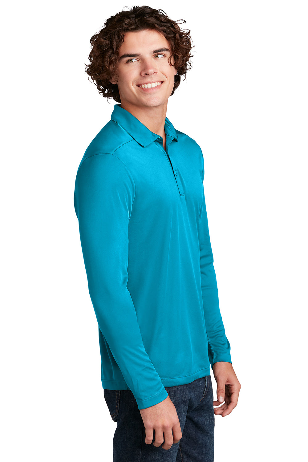 Sport-Tek ST520LS Mens Moisture Wicking Long Sleeve Polo Shirt Sapphire Blue Model Side