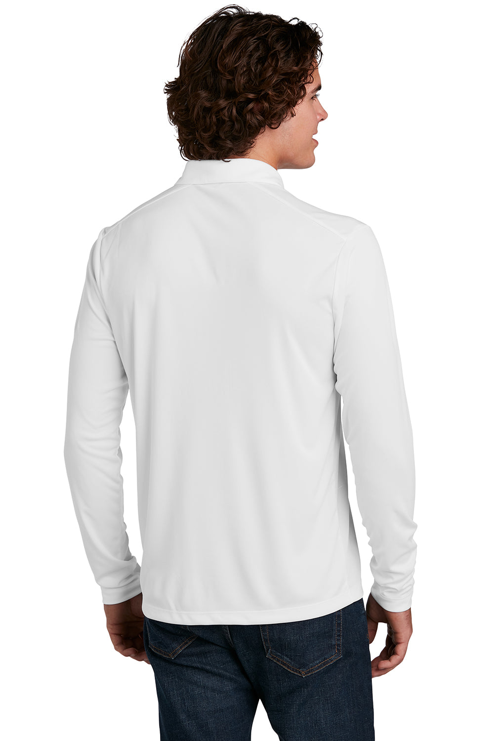 Sport-Tek ST520LS Mens Moisture Wicking Long Sleeve Polo Shirt White Model Back