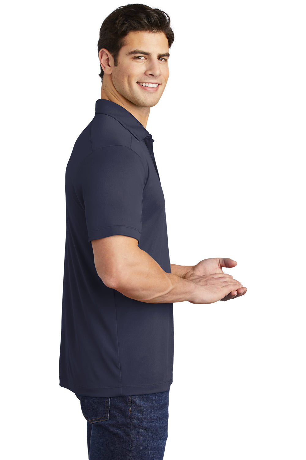 Sport-Tek ST520 Mens Moisture Wicking Short Sleeve Polo Shirt True Navy Blue Model Side