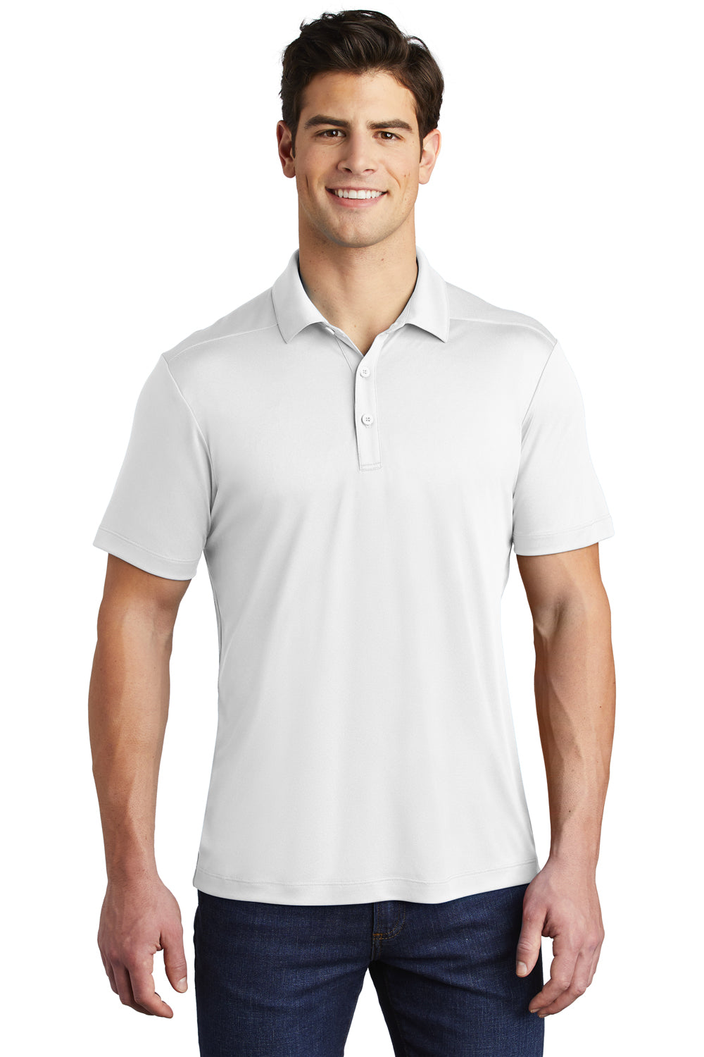 Sport-Tek ST520 Mens Moisture Wicking Short Sleeve Polo Shirt White Model Front