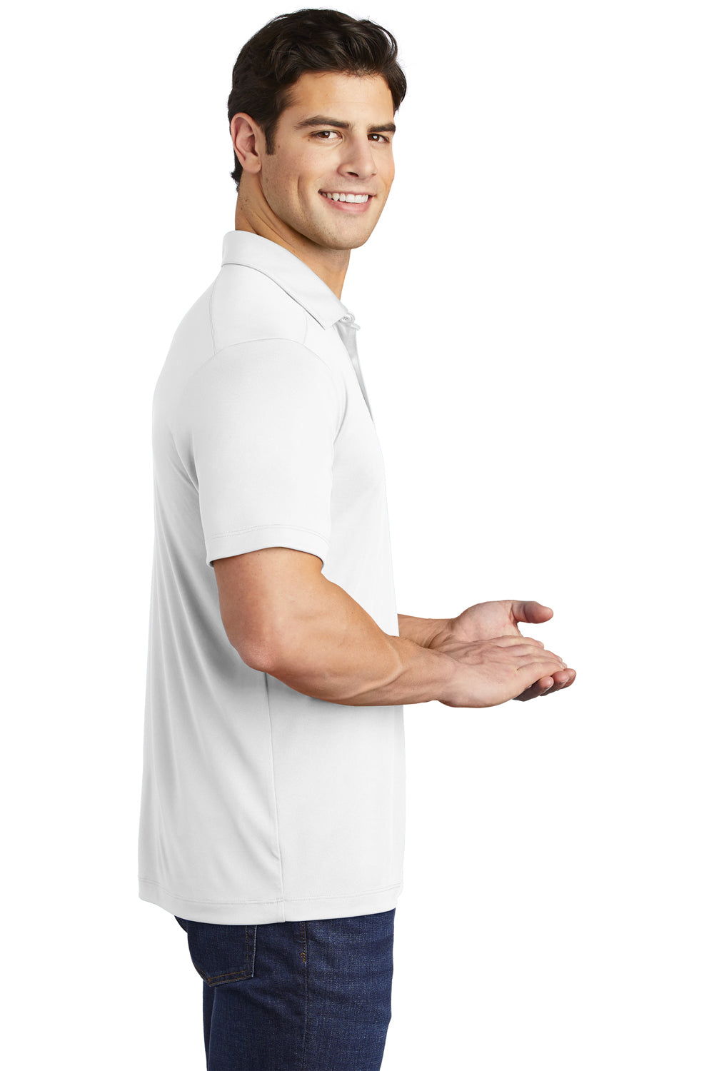 Sport-Tek ST520 Mens Moisture Wicking Short Sleeve Polo Shirt White Model Side