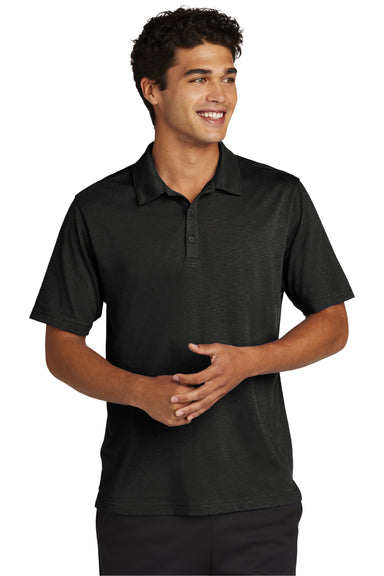 Sport-Tek ST530 Mens Strive Moisture Wicking Short Sleeve Polo Shirt Black Model Front