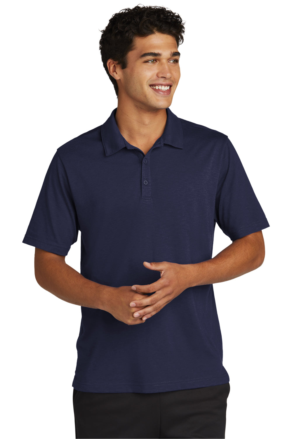 Sport-Tek ST530 Mens Strive Moisture Wicking Short Sleeve Polo Shirt True Navy Blue Model Front