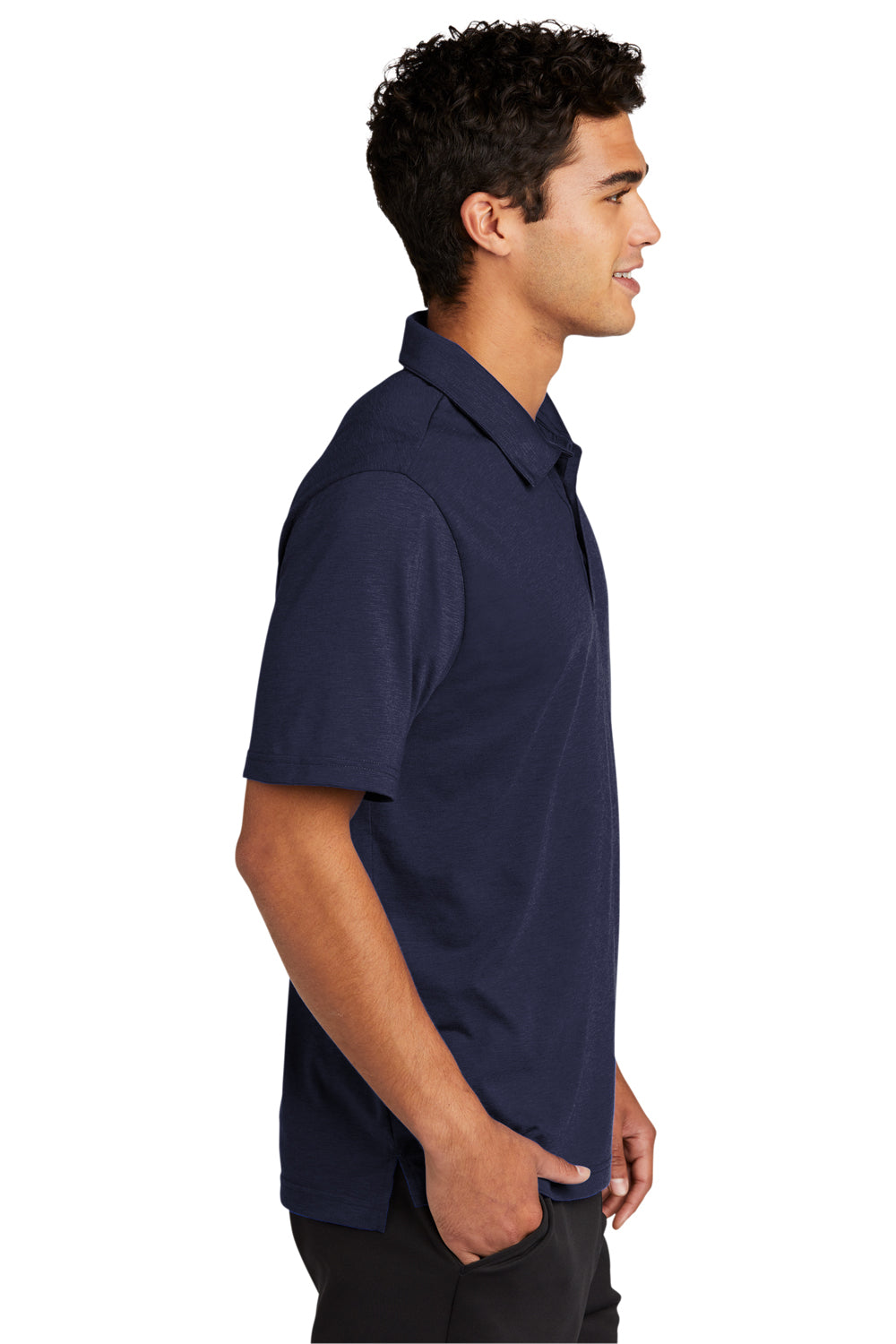 Sport-Tek ST530 Mens Strive Moisture Wicking Short Sleeve Polo Shirt True Navy Blue Model Side