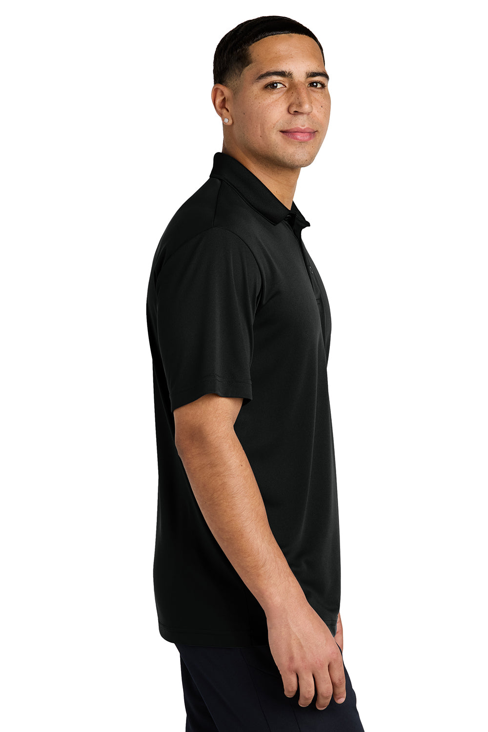 Sport-Tek ST550 Mens Competitor Moisture Wicking Short Sleeve Polo Shirt Black Model Side