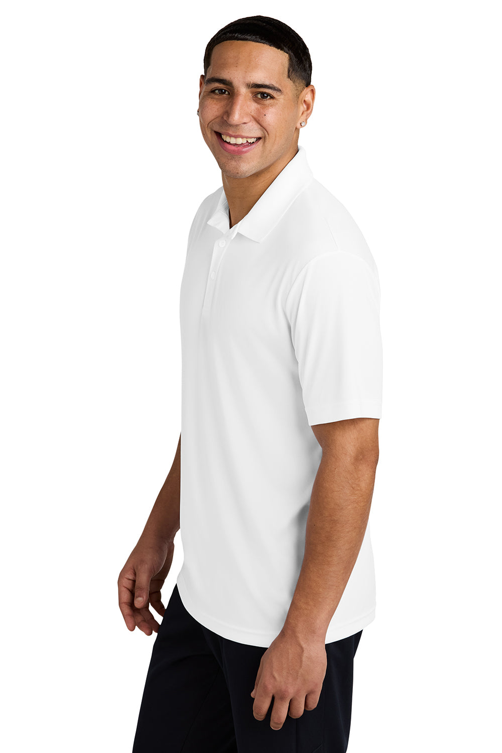 Sport-Tek ST550 Mens Competitor Moisture Wicking Short Sleeve Polo Shirt White Model Side