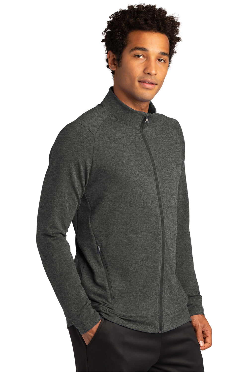 Sport-Tek ST560 Mens Flex Fleece Moisture Wicking Full Zip Sweatshirt Heather Dark Grey Model 3q