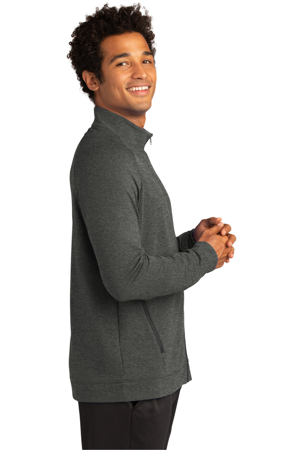 Sport-Tek ST560 Mens Flex Fleece Moisture Wicking Full Zip Sweatshirt Heather Dark Grey Model Side