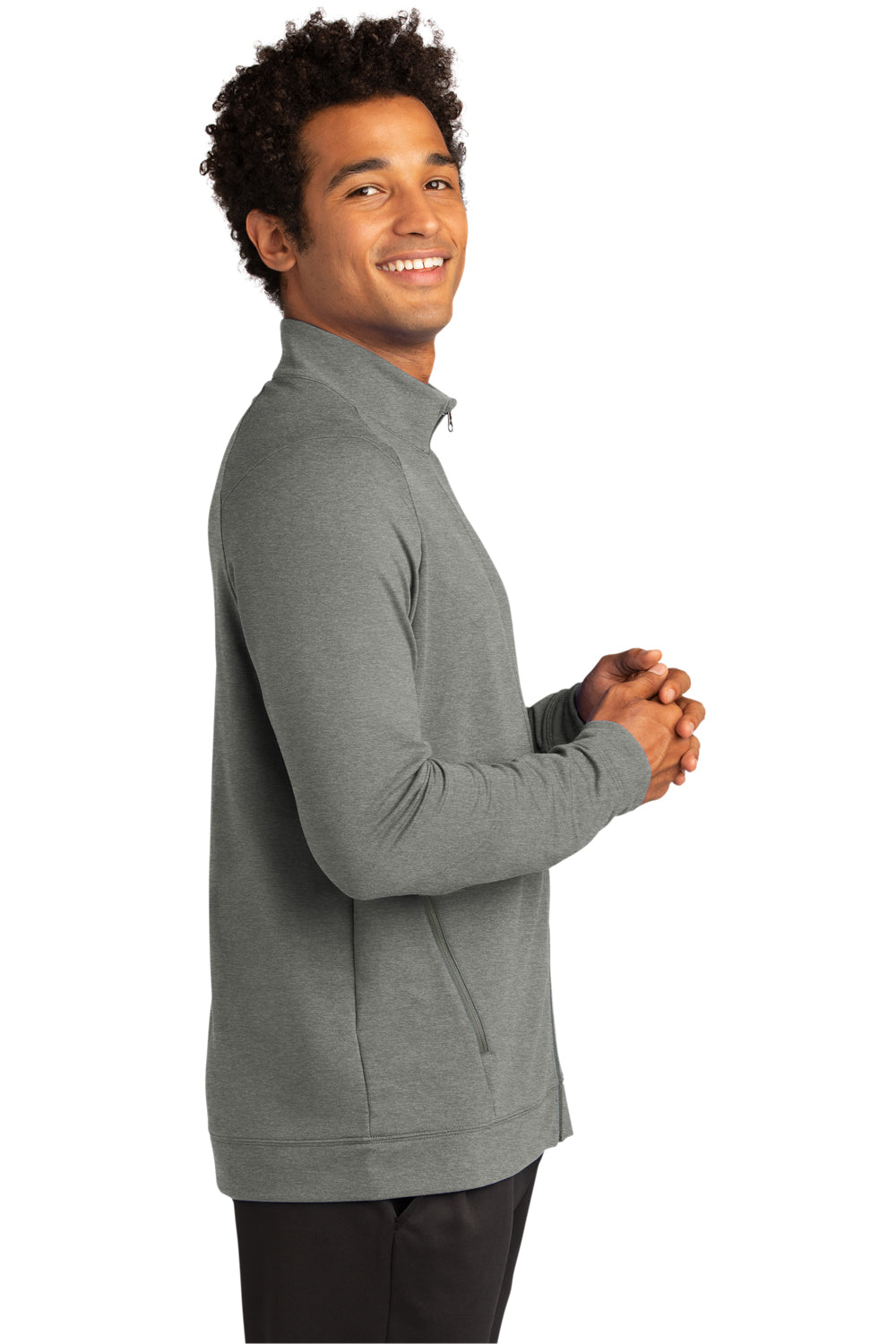 Sport-Tek ST560 Mens Flex Fleece Moisture Wicking Full Zip Sweatshirt Heather Light Grey Model Side