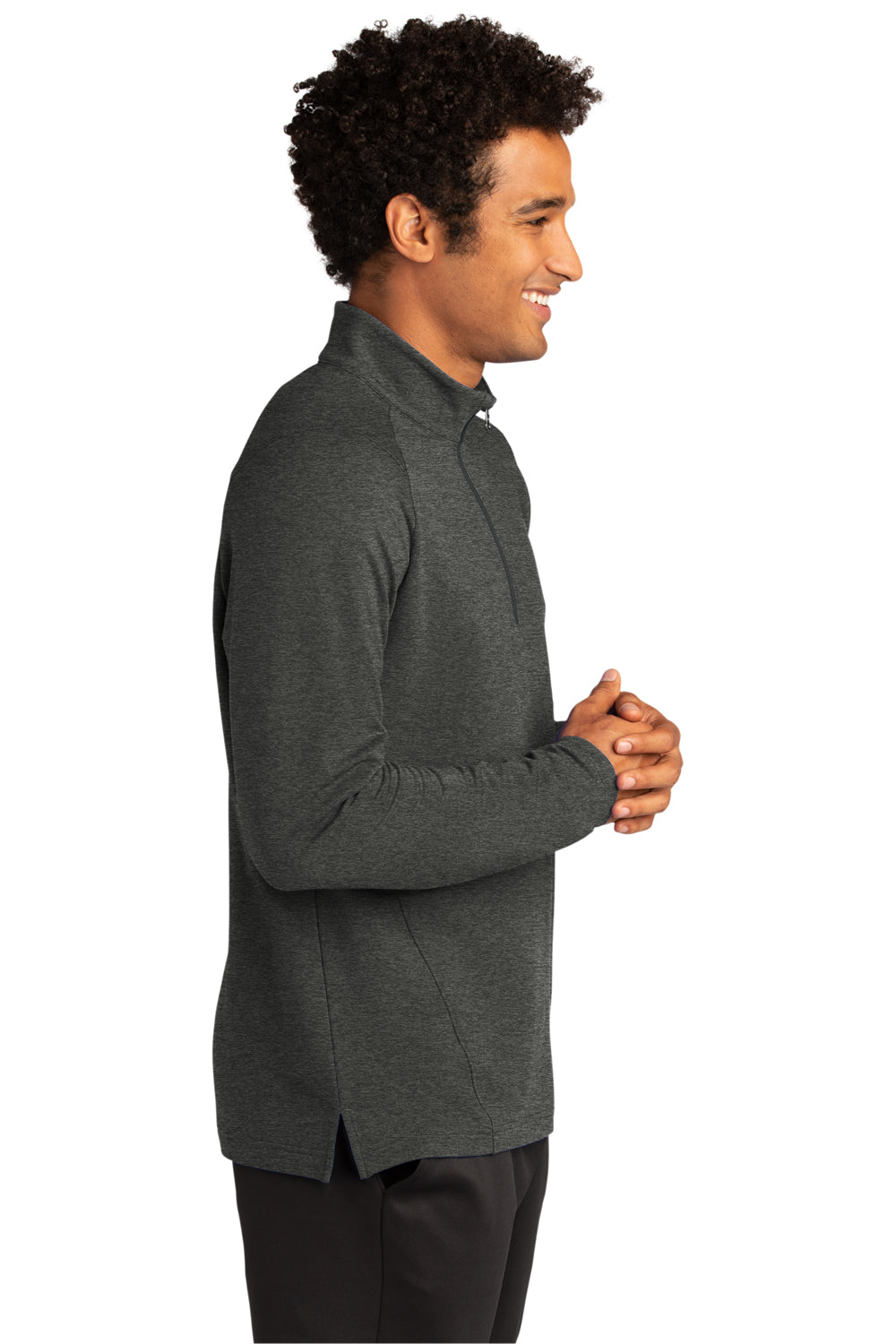 Sport-Tek ST561 Mens Flex Fleece Moisture Wicking 1/4 Zip Sweatshirt Heather Dark Grey Model Side