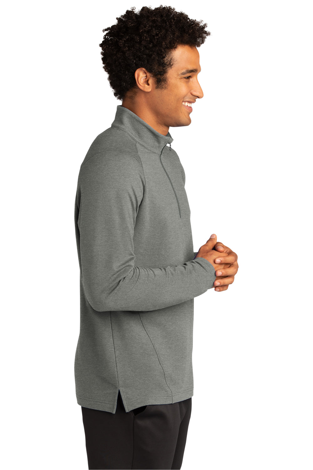 Sport-Tek ST561 Mens Flex Fleece Moisture Wicking 1/4 Zip Sweatshirt Heather Light Grey Model Side