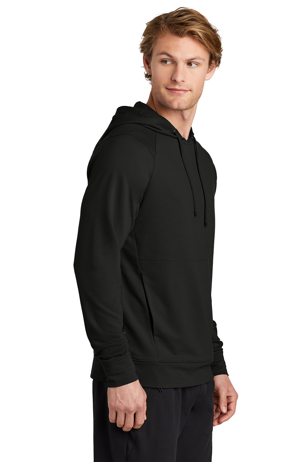 Sport-Tek ST562 Mens Flex Fleece Moisture Wicking Hooded Sweatshirt Hoodie Black Model Side