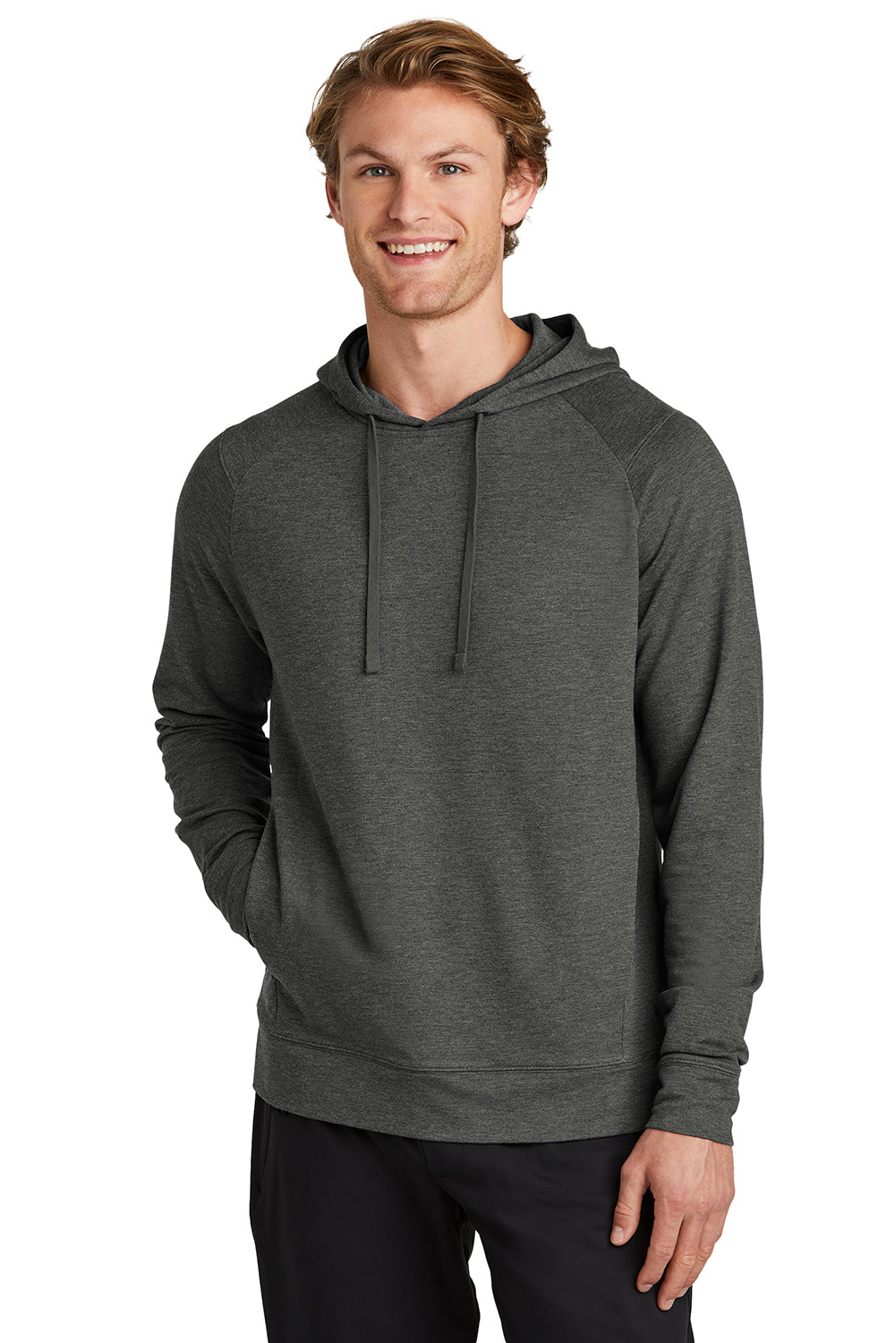 Sport-Tek ST562 Mens Flex Fleece Moisture Wicking Hooded Sweatshirt Hoodie Heather Dark Grey Model Front