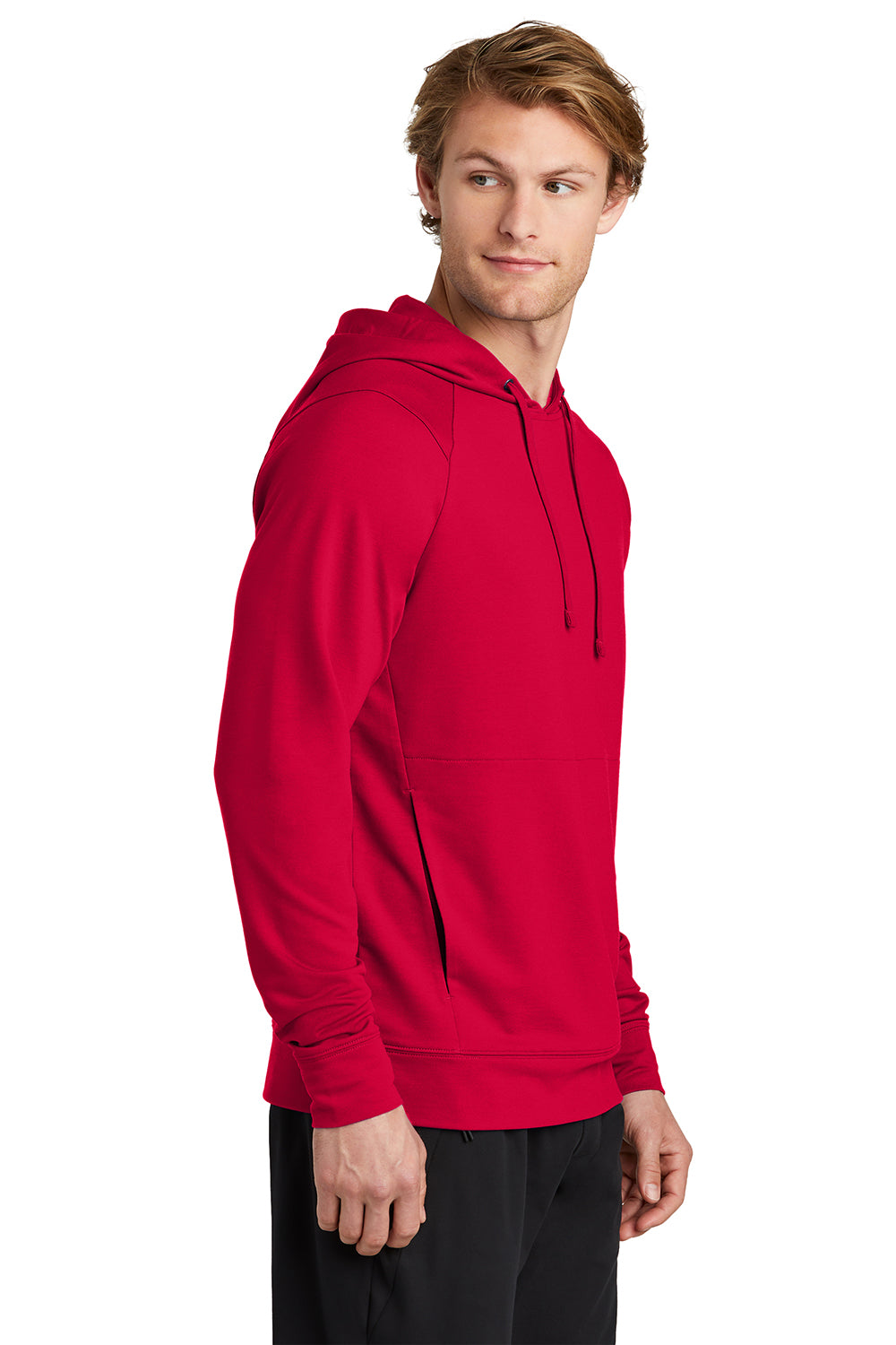 Sport-Tek ST562 Mens Flex Fleece Moisture Wicking Hooded Sweatshirt Hoodie Deep Red Model Side