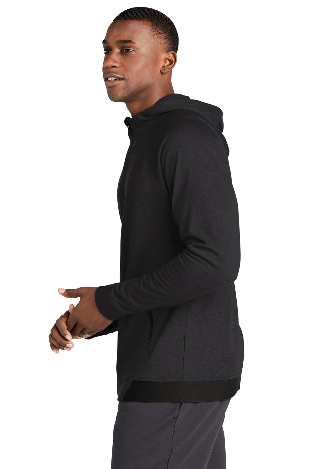 Sport-Tek ST570 Mens Strive PosiCharge Full Zip Hooded Sweatshirt Hoodie Black Model Side