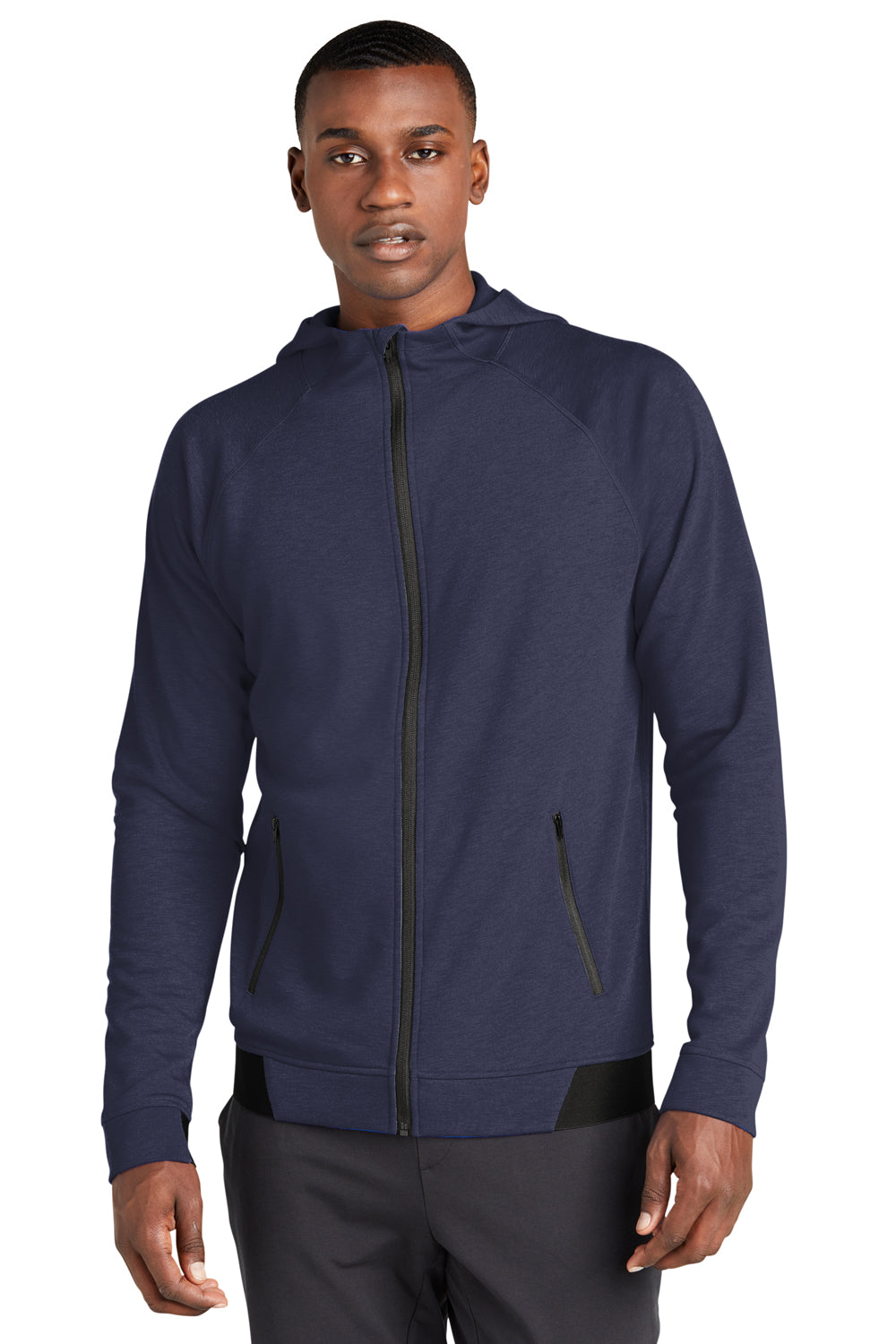 Sport-Tek ST570 Mens Strive PosiCharge Full Zip Hooded Sweatshirt Hoodie True Navy Blue Model Front