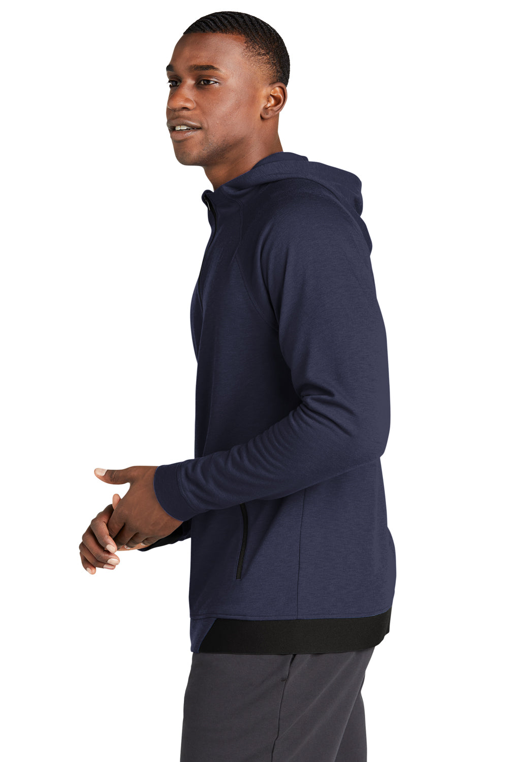 Sport-Tek ST570 Mens Strive PosiCharge Full Zip Hooded Sweatshirt Hoodie True Navy Blue Model Side