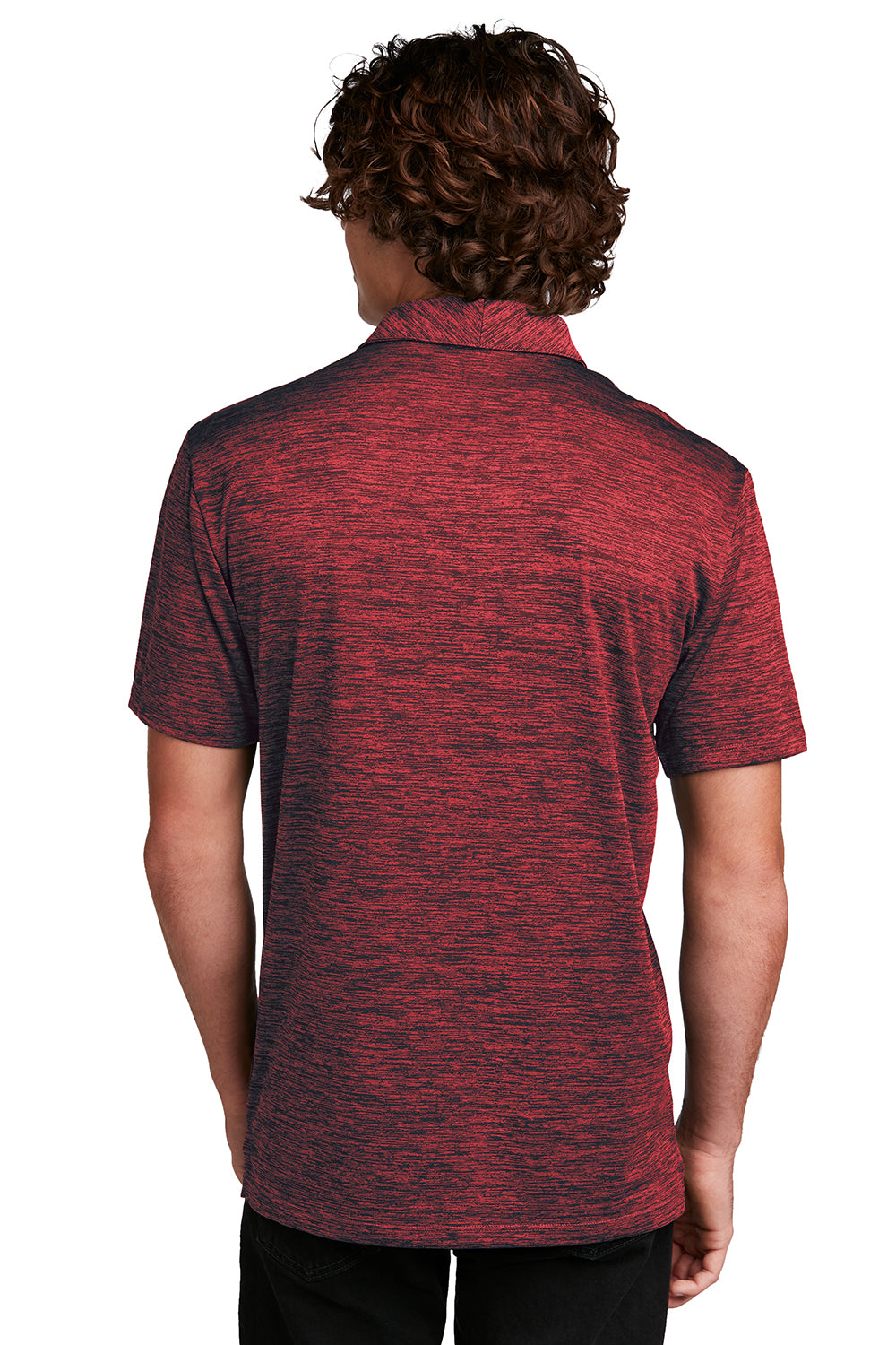 Sport-Tek ST590 Mens Electric Heather Moisture Wicking Short Sleeve Polo Shirt Deep Red/Black Electric Model Back