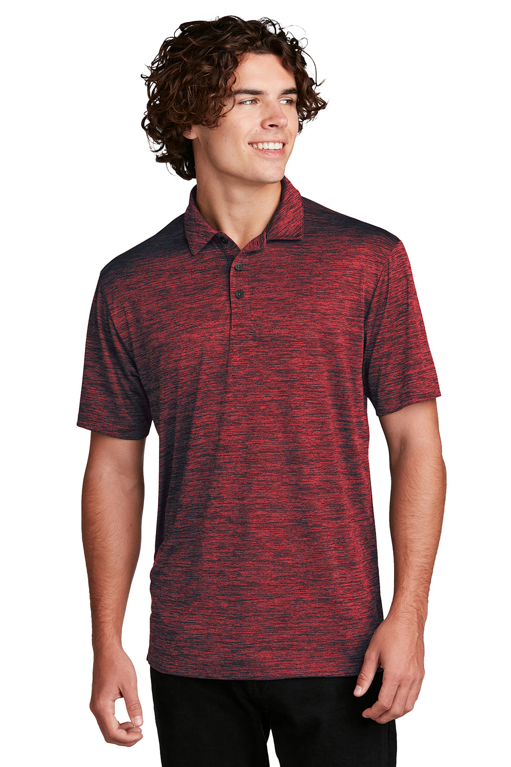 Sport-Tek ST590 Mens Electric Heather Moisture Wicking Short Sleeve Polo Shirt Deep Red/Black Electric Model Front