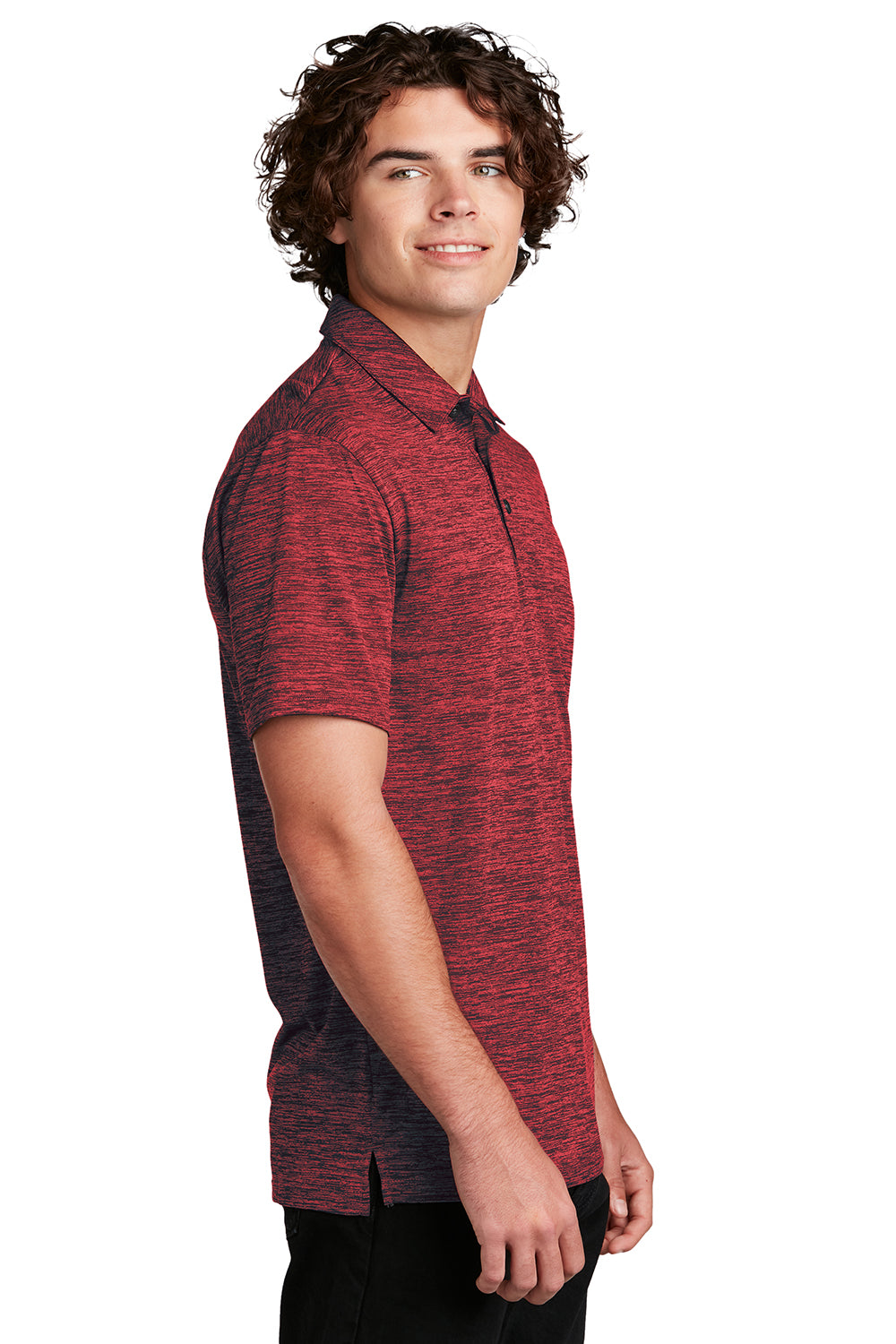 Sport-Tek ST590 Mens Electric Heather Moisture Wicking Short Sleeve Polo Shirt Deep Red/Black Electric Model Side