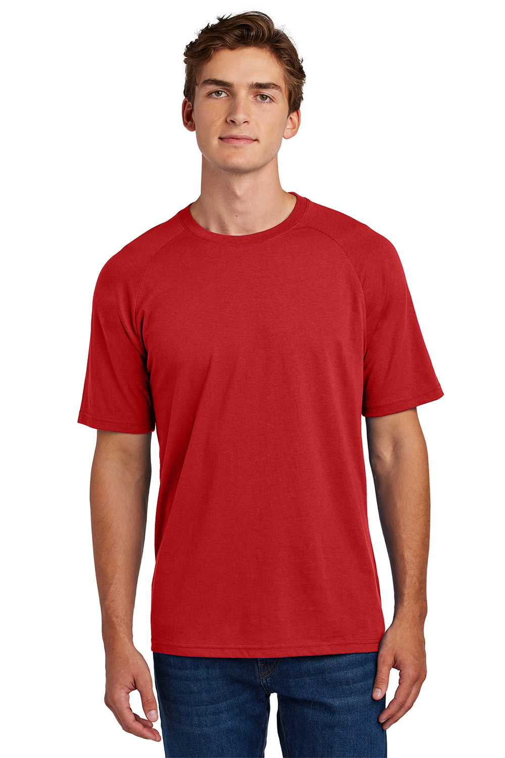 Sport-Tek ST6040 Mens Halftime Raglan Short Sleeve Crewneck T-Shirt Deep Red Model Front