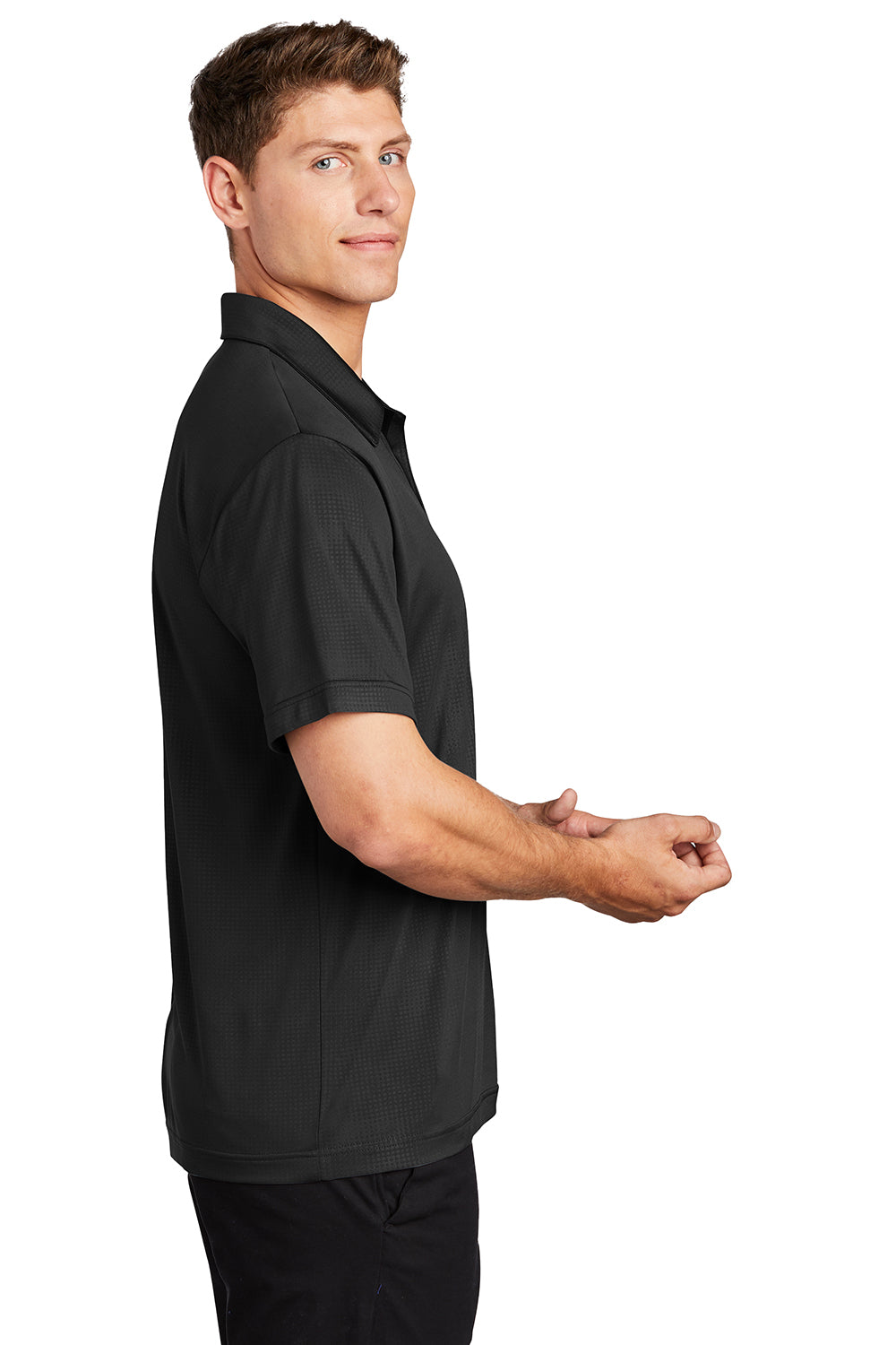 Sport-Tek ST630 Mens Tough Moisture Wicking Short Sleeve Polo Shirt Black Model Side