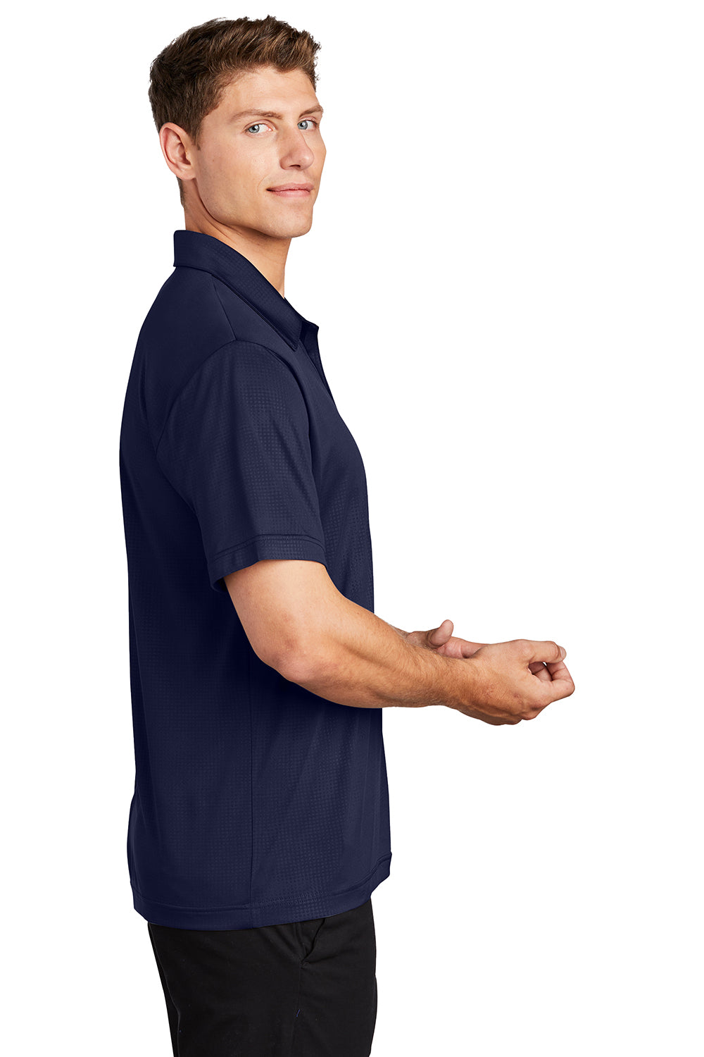 Sport-Tek ST630 Mens Tough Moisture Wicking Short Sleeve Polo Shirt True Navy Blue Model Side