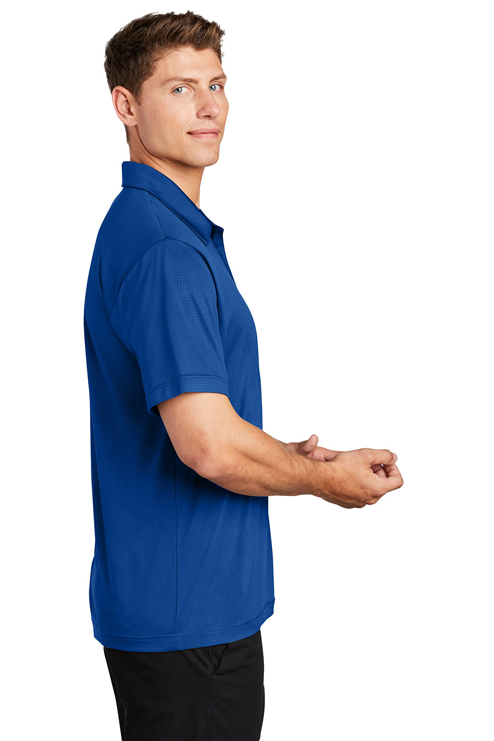 Sport-Tek ST630 Mens Tough Moisture Wicking Short Sleeve Polo Shirt True Royal Blue Model Side