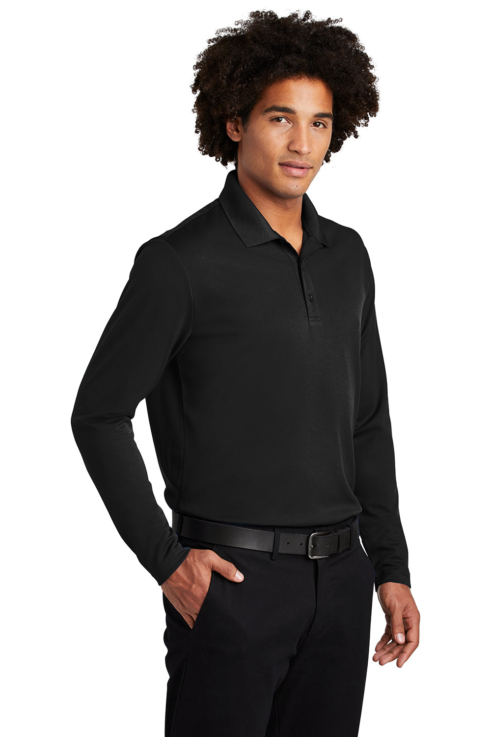 Sport-Tek ST640LS Mens RacerMesh Moisture Wicking Long Sleeve Polo Shirt Black Model 3q