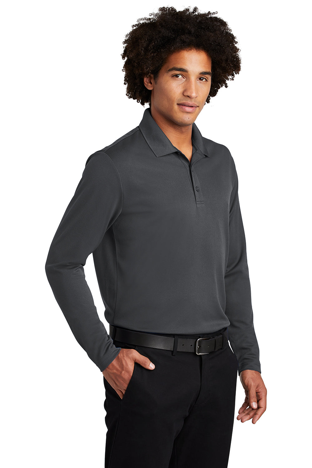 Sport-Tek ST640LS Mens RacerMesh Moisture Wicking Long Sleeve Polo Shirt Graphite Grey Model 3q