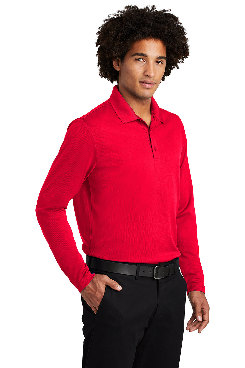 Sport-Tek ST640LS Mens RacerMesh Moisture Wicking Long Sleeve Polo Shirt True Red Model 3q