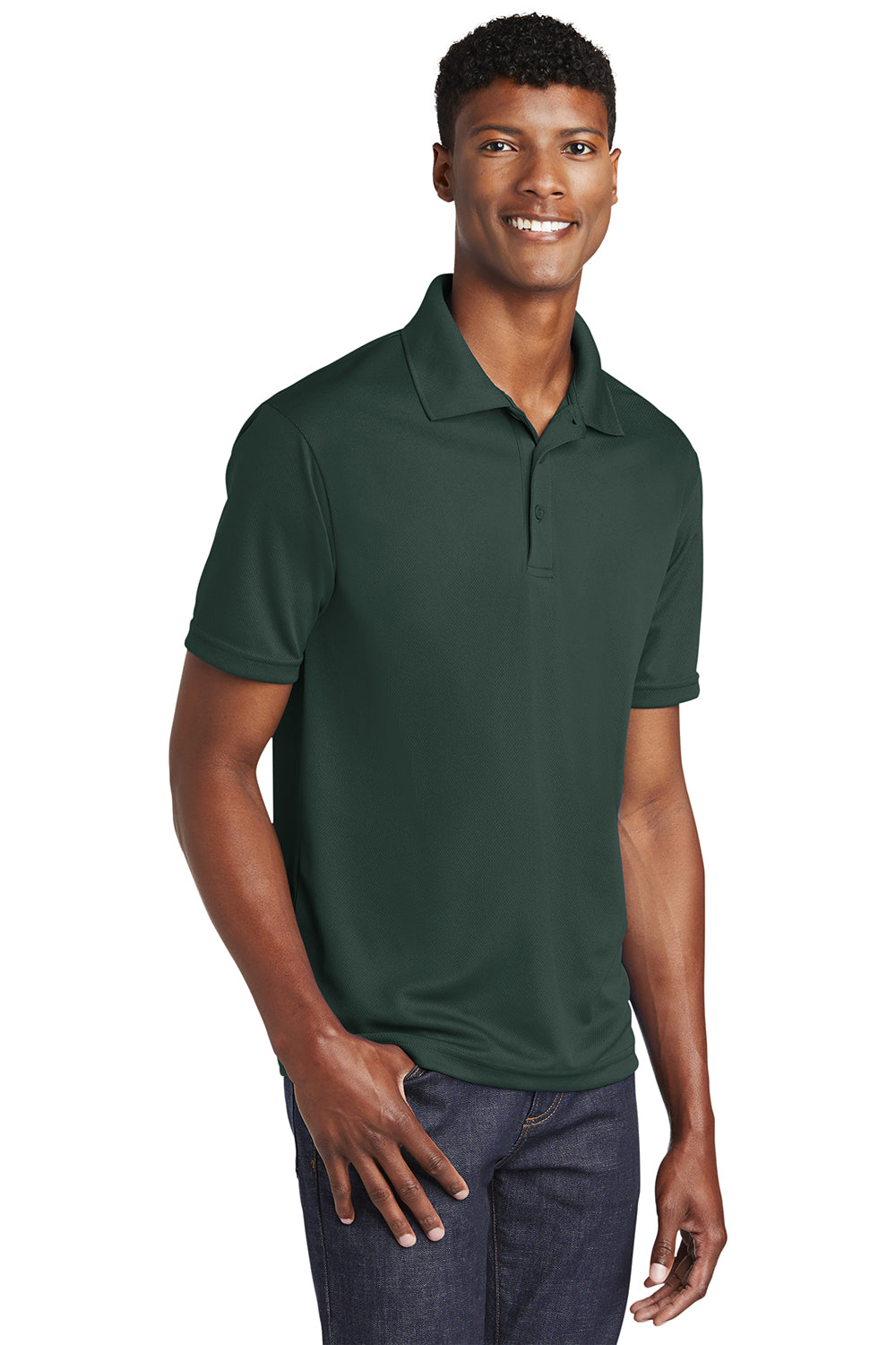 Sport-Tek ST640 Mens RacerMesh Moisture Wicking Short Sleeve Polo Shirt Dark Forest Green Model 3q